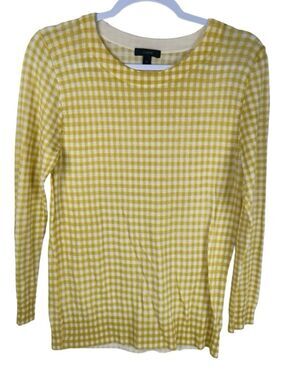 J. Crew Yellow White Gingham Check Merino Wool Long Sleeve Crew Sweater Medium